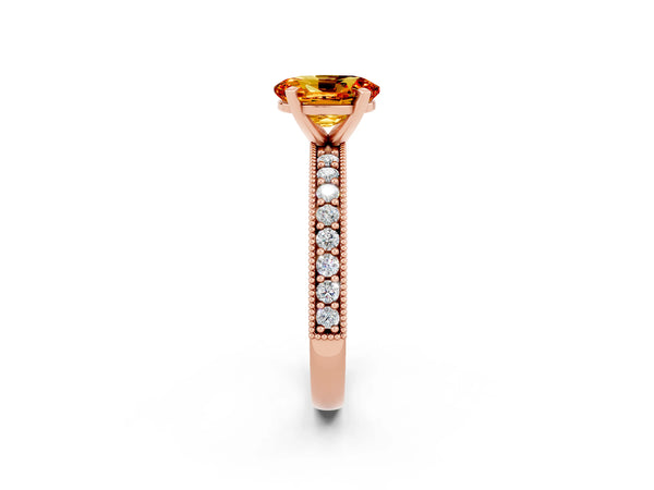 Rose gold Oval Cut Citrine Milgrain Pavé Engagement Ring with Four-Prong Setting