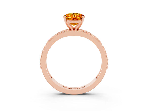 Rose gold Oval Cut Citrine Milgrain Pavé Engagement Ring with Four-Prong Setting