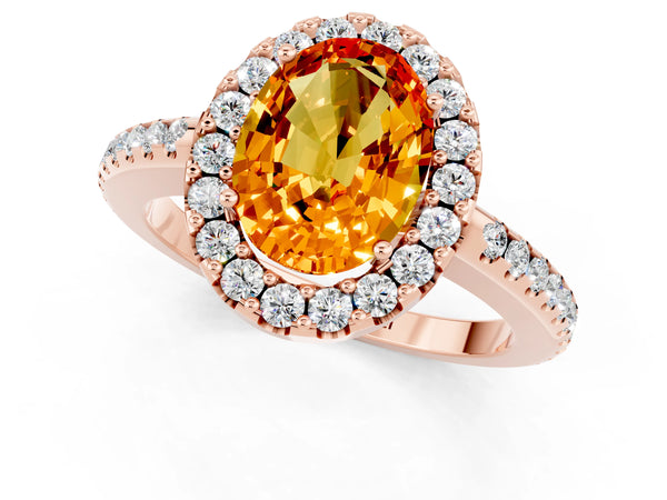 Rose gold Oval Cut Citrine Pavé Halo Ring with Four-Prong Setting