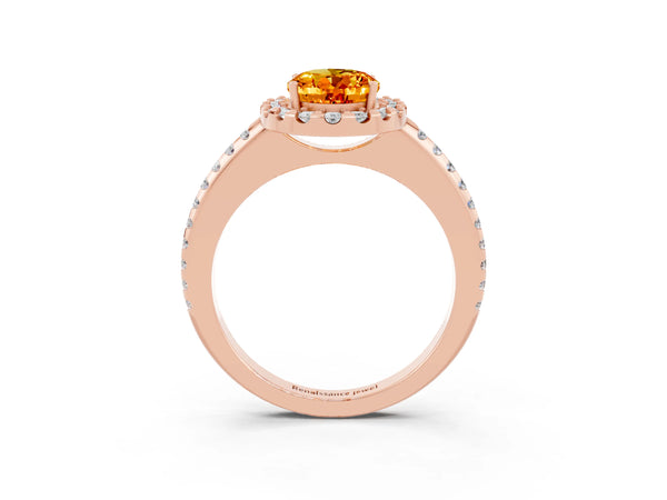Rose gold Oval Cut Citrine Pavé Halo Ring with Four-Prong Setting