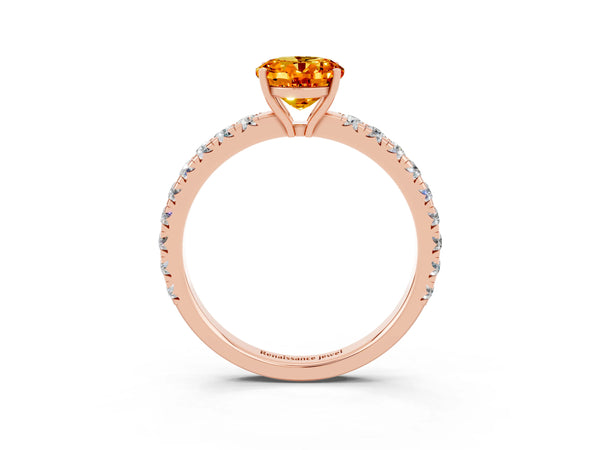Rose gold Oval Cut Citrine Pavé Solitaire Engagement Ring with Four-Prong Setting
