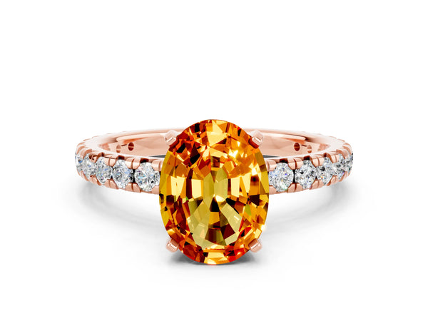 Rose gold Oval Cut Citrine Pavé Solitaire Ring with Round Band and Prong Setting