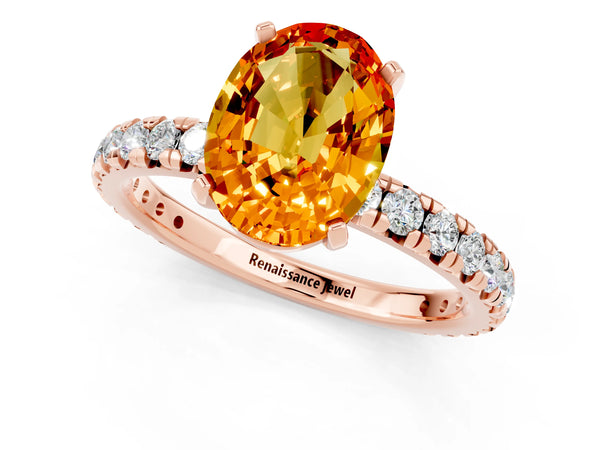 Rose gold Oval Cut Citrine Pavé Solitaire Ring with Round Band and Prong Setting