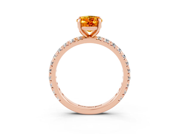 Rose gold Oval Cut Citrine Pavé Solitaire Ring with Round Band and Prong Setting