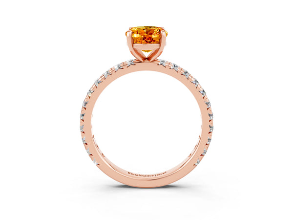 Rose gold Oval Cut Citrine Pavé Solitaire Ring with Round Band and Prong Setting