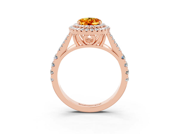 Rose gold Oval Cut Citrine Pavé Split Shank Double Halo Engagement Ring