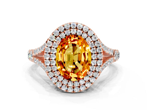 Rose gold Oval Cut Citrine Pavé Split Shank Double Halo Engagement Ring