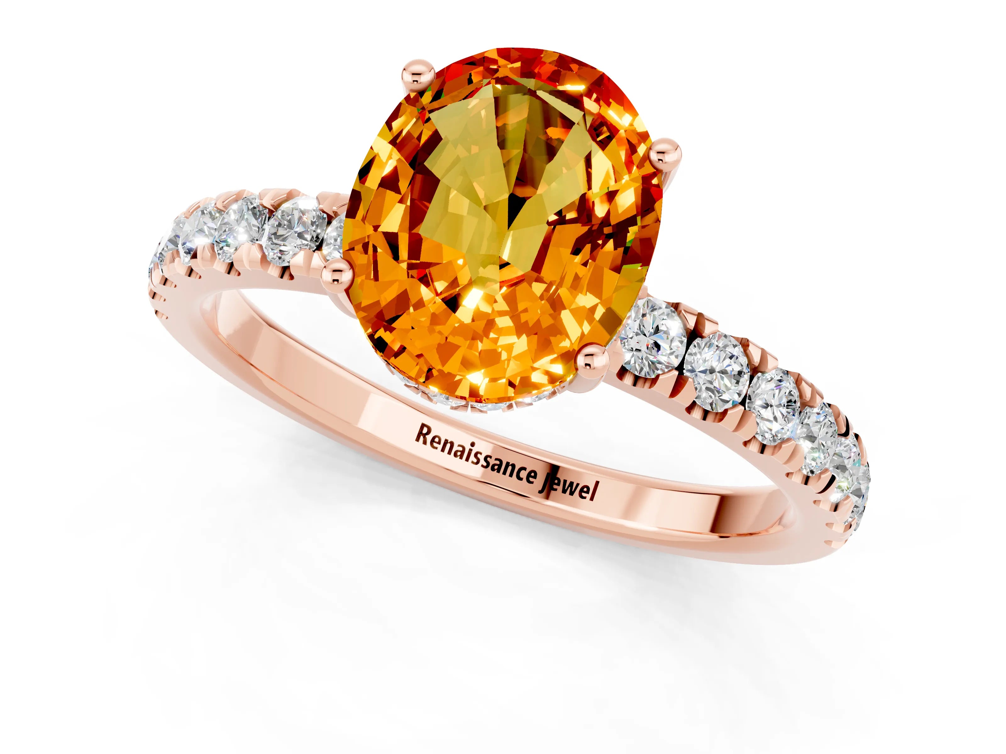 Rose gold Oval Cut Citrine Pave Band Solitaire Ring with Four-Prong Setting_25