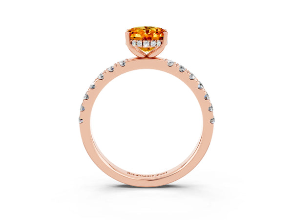 Rose gold Oval Cut Citrine Pave Band Solitaire Ring with Round  and Prong Setting