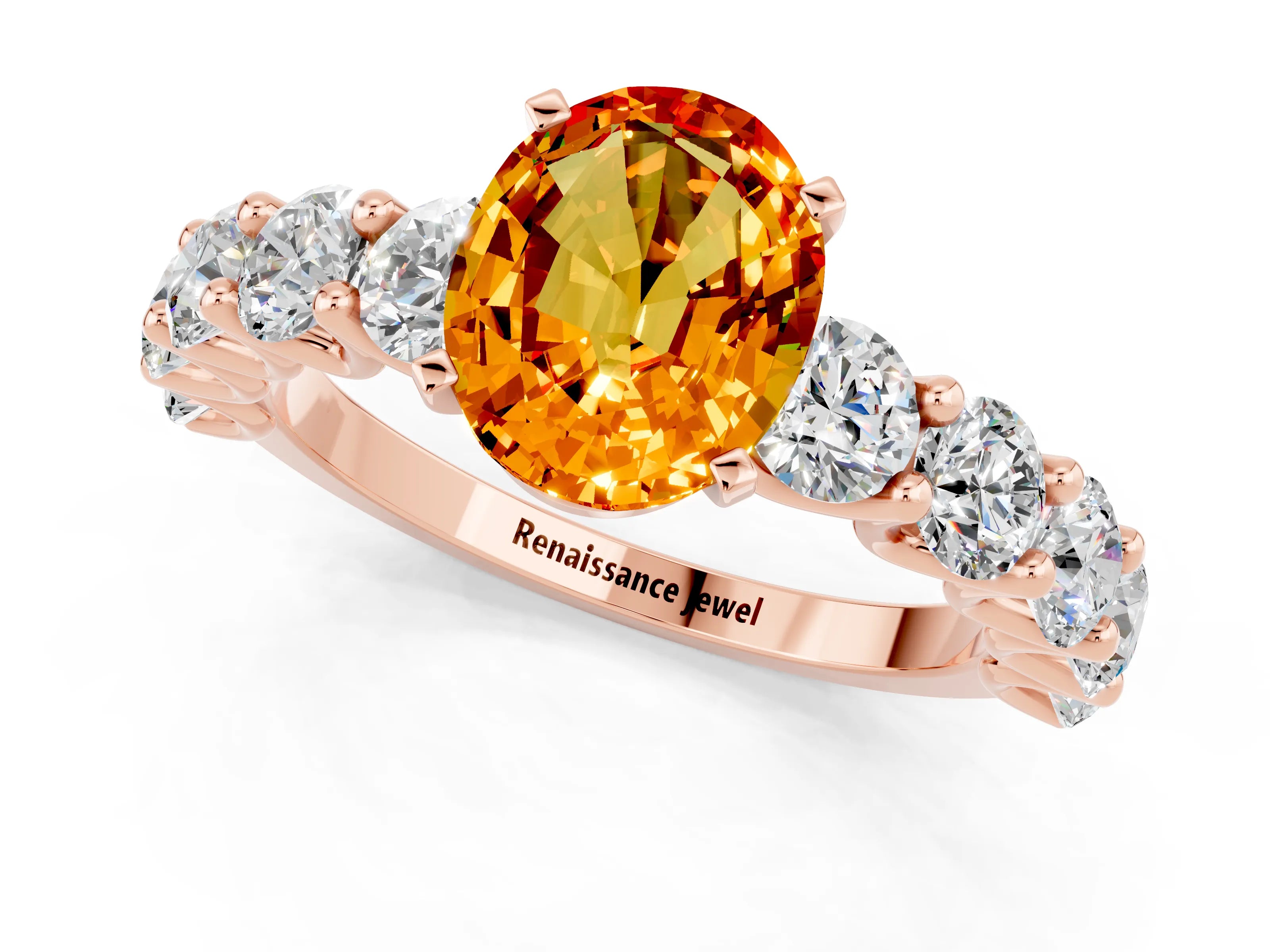 Rose gold Oval Cut Citrine Prong Setting with Side Stones on a Pave Band_1