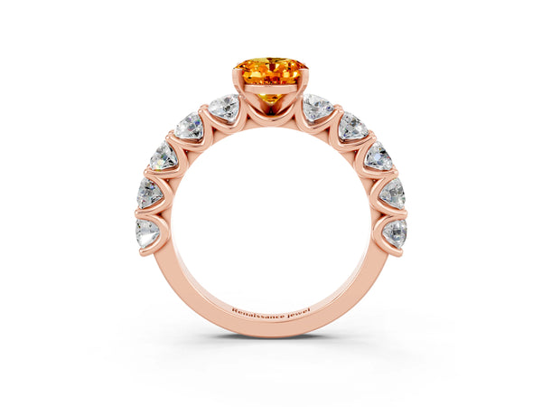 Rose gold Oval Cut Citrine Prong Setting with Side Stones on a Pave Band