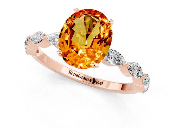 Rose gold Oval Cut Citrine Ring with Marquise Side Stones and Prong Setting