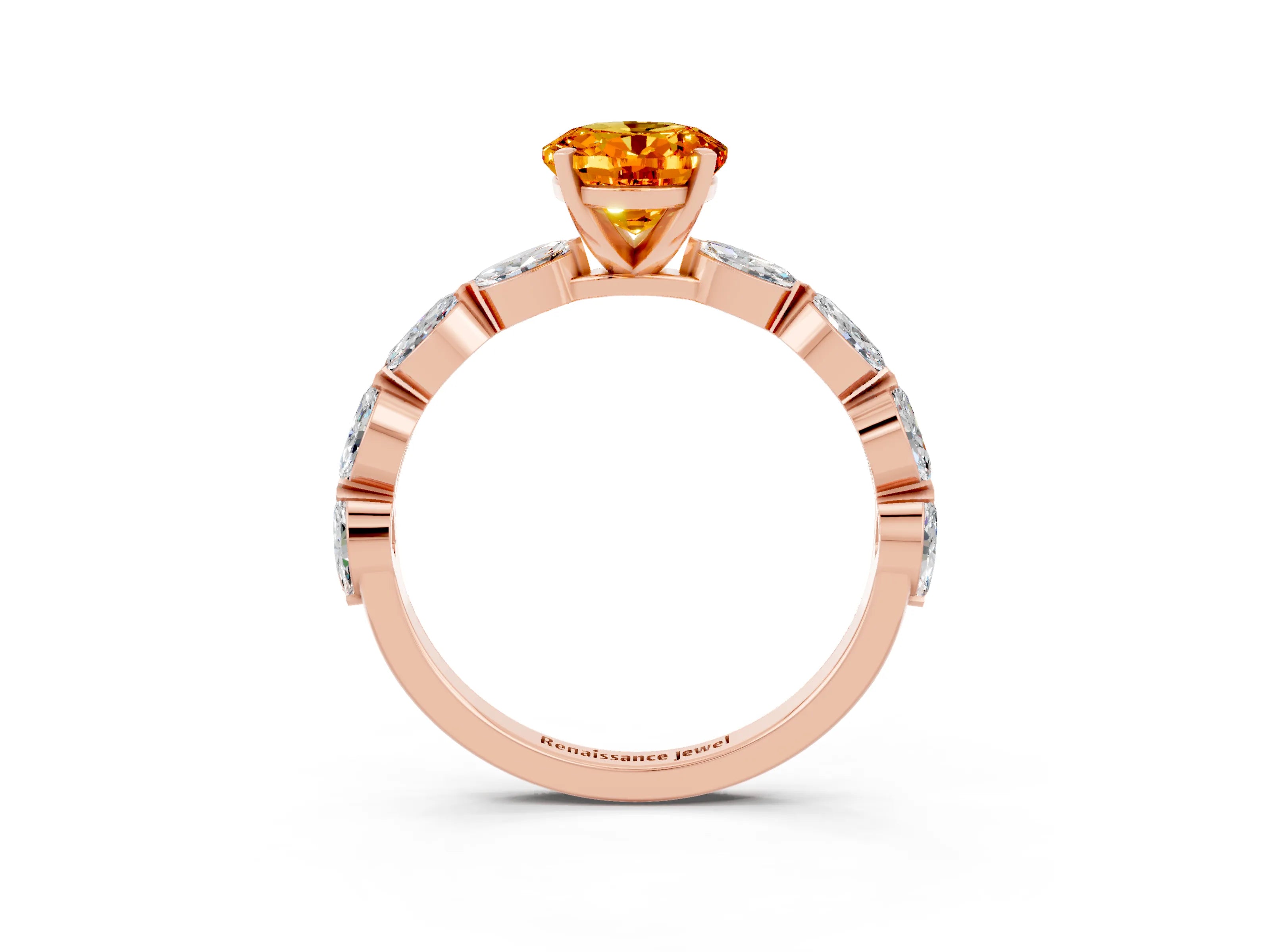 Rose gold Oval Cut Citrine Ring with Marquise Side Stones and Prong Setting_3