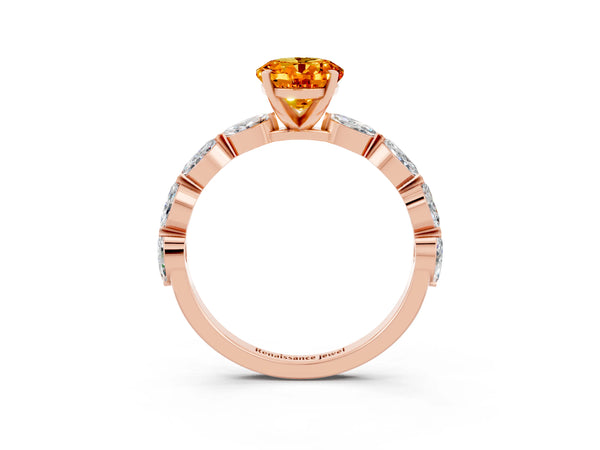 Rose gold Oval Cut Citrine Ring with Marquise Side Stones and Prong Setting