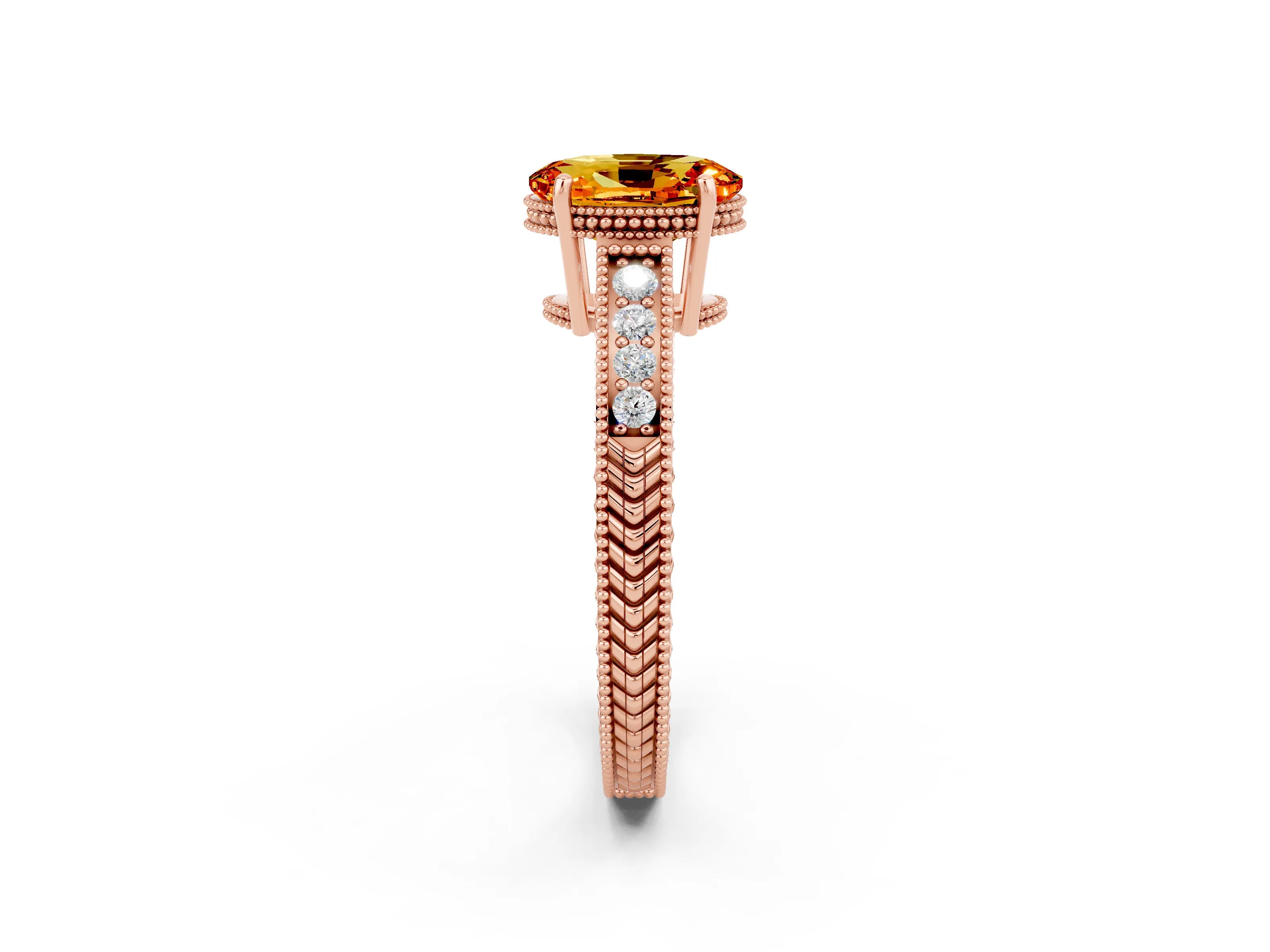 Rose gold Oval Cut Citrine Ring with Milgrain Pavé Band and Four-Prong Setting_14