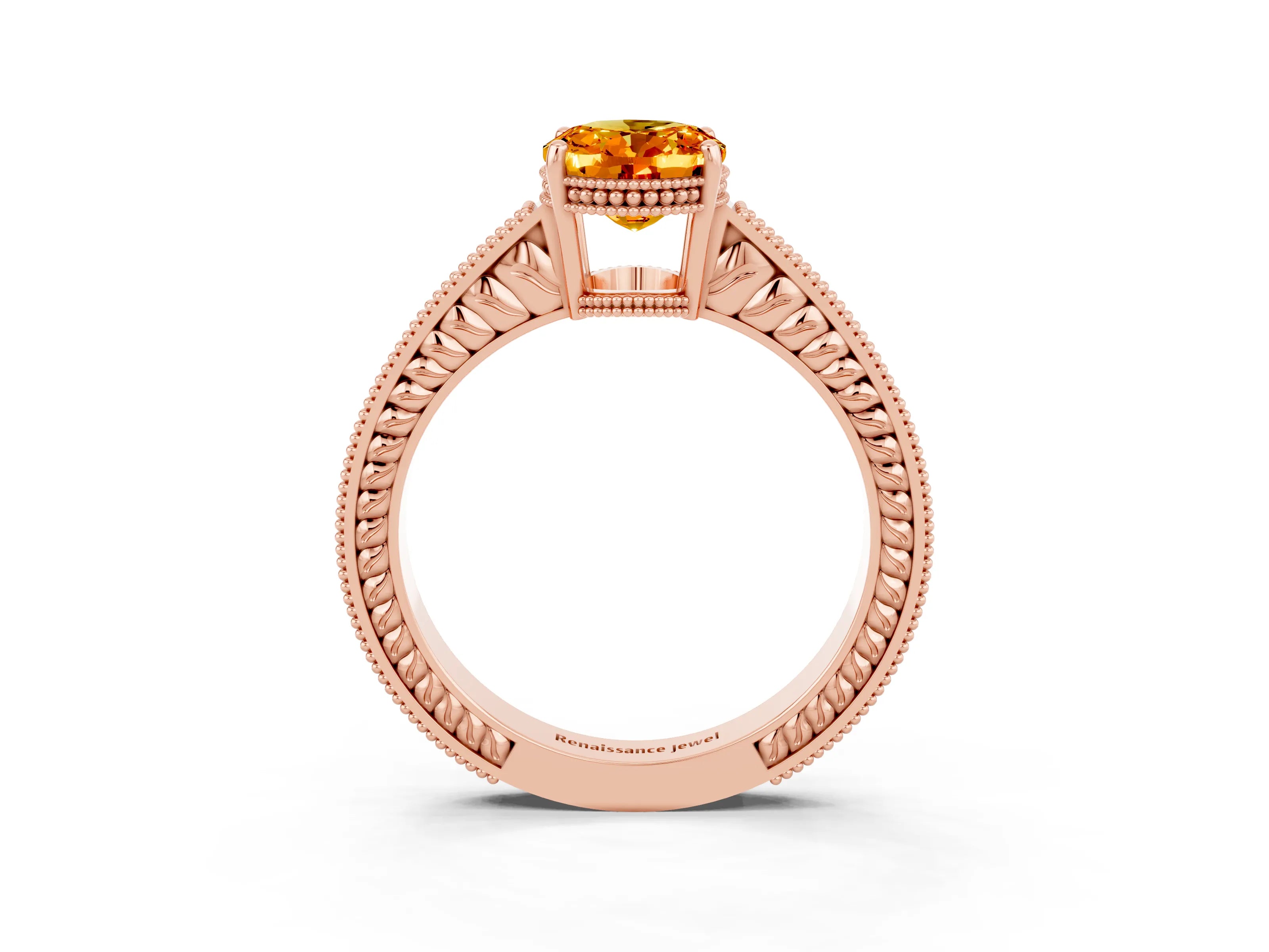 Rose gold Oval Cut Citrine Ring with Milgrain Pavé Band and Four-Prong Setting_15