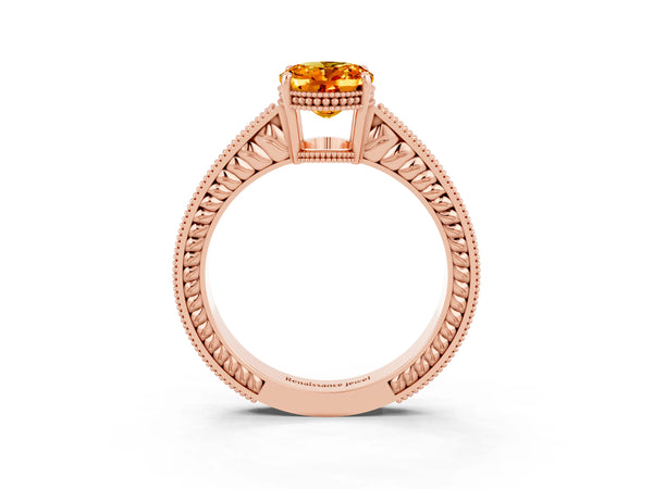 Rose gold Oval Cut Citrine Ring with Milgrain Pavé Band and Four-Prong Setting