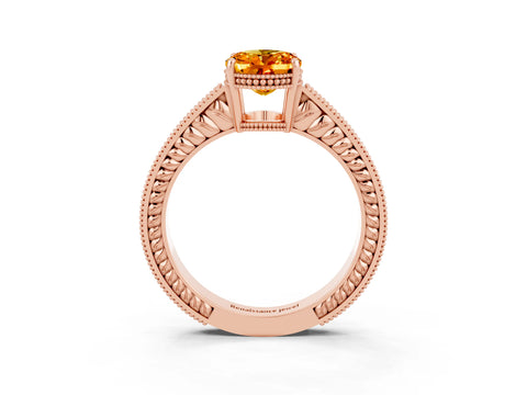 Rose gold Oval Cut Citrine Ring with Milgrain Pavé Band and Four-Prong Setting_15