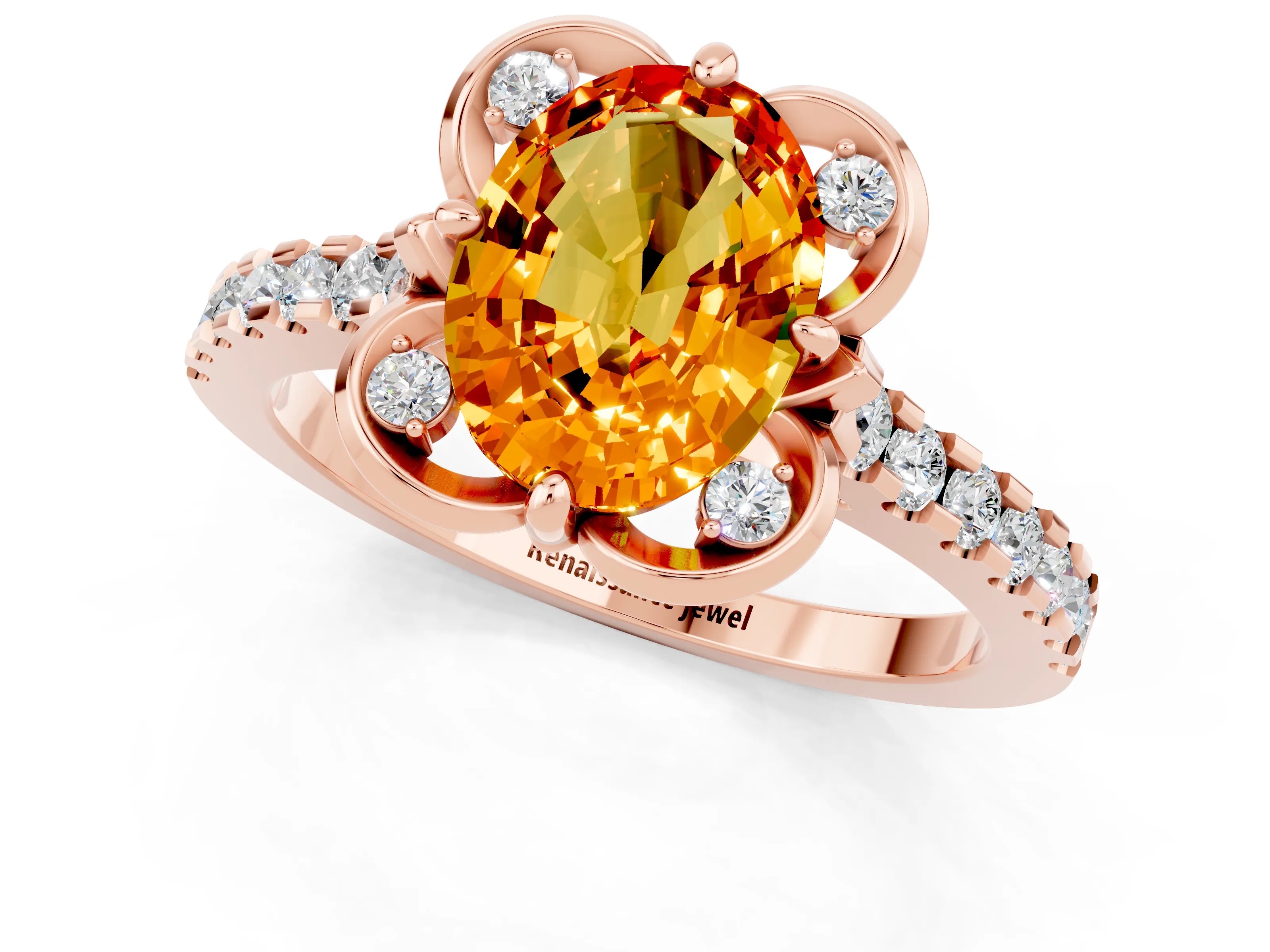 Rose gold Oval Cut Citrine Ring with Pavé Band and Floral Prong Setting_1
