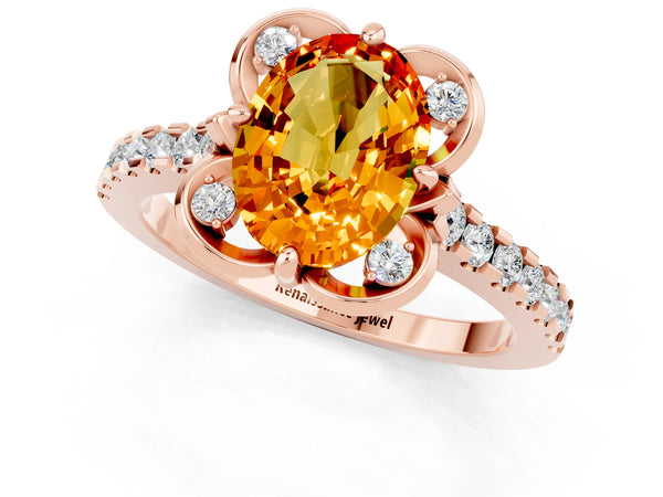 Rose gold Oval Cut Citrine Ring with Pavé Band and Floral Prong Setting