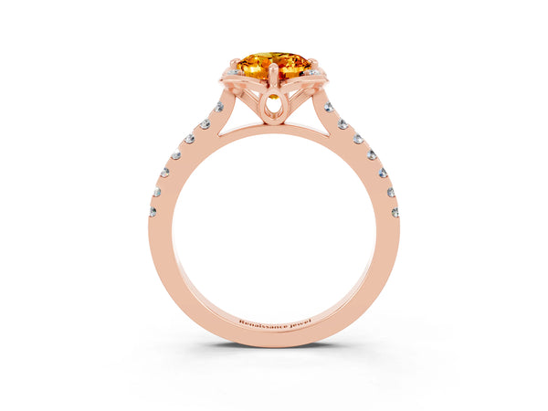 Rose gold Oval Cut Citrine Ring with Pavé Band and Floral Prong Setting