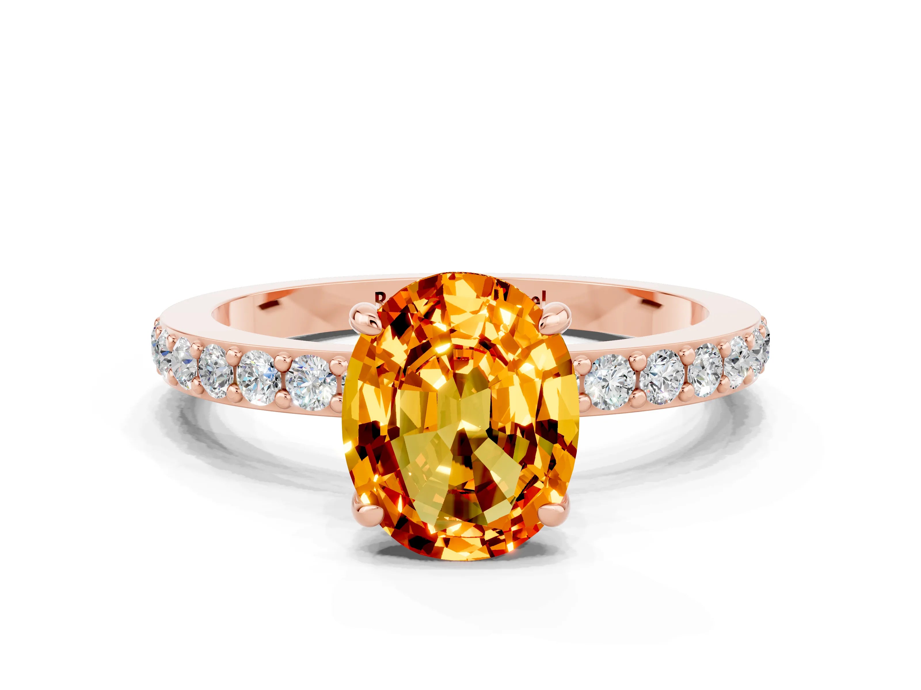 Rose gold Oval Cut Citrine Ring with Pavé Band and Four-Prong Setting