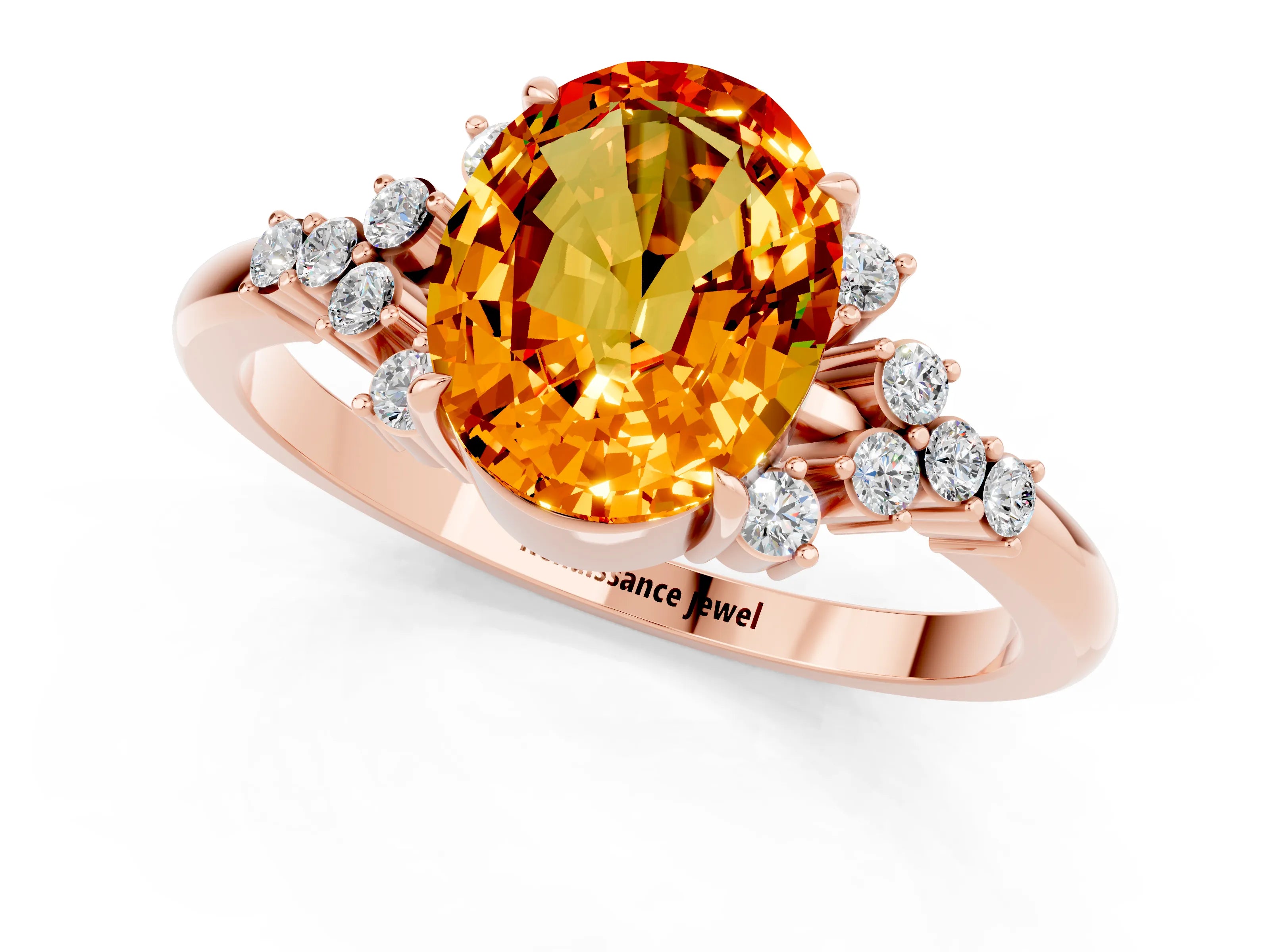 Rose gold Oval Cut Citrine Ring with Side Stones and Four-Prong Setting_73