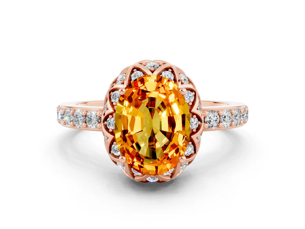 Rose gold Oval Cut Citrine Scalloped Halo Engagement Ring with Round Shared Prong Band