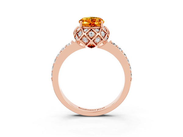 Rose gold Oval Cut Citrine Scalloped Halo Engagement Ring with Round Shared Prong Band