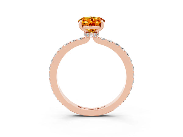 Rose gold Oval Cut Citrine Solitaire Engagement Ring with Pavé Band and Four-Prong Setting