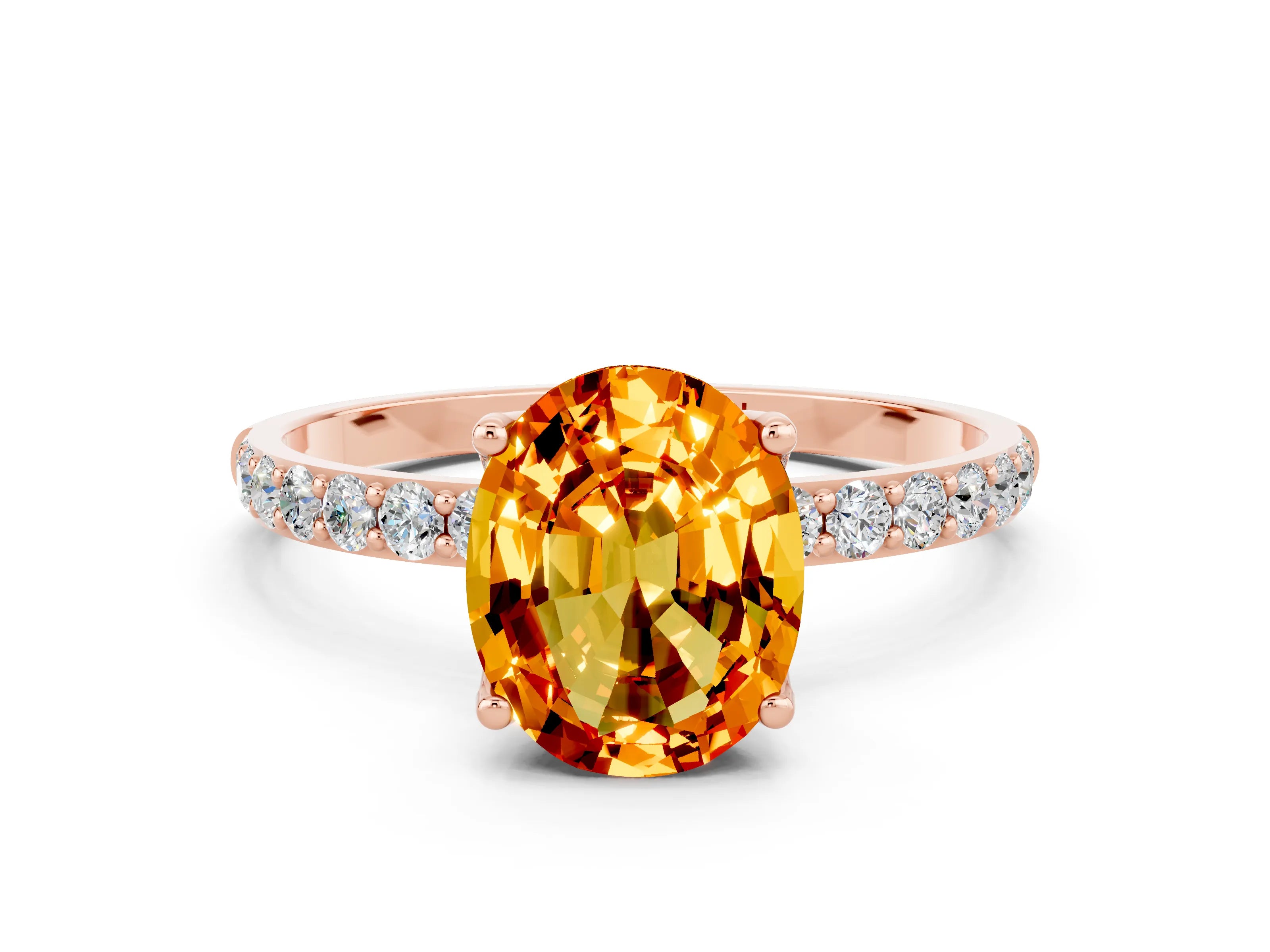 Rose gold Oval Cut Citrine Solitaire Engagement Ring with Pavé Band and Prong Setting