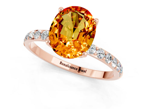 Rose gold Oval Cut Citrine Solitaire Engagement Ring with Pavé Band and Prong Setting_1