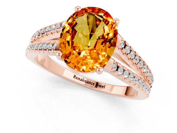 Rose gold Oval Cut Citrine Solitaire Engagement Ring with Split Shank Pavé Band