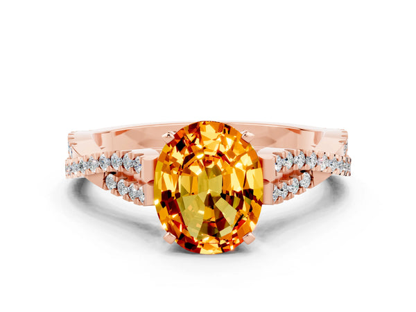 Rose gold Oval Cut Citrine Solitaire Engagement Ring with Twisted Pavé Band and Four-Prong Setting