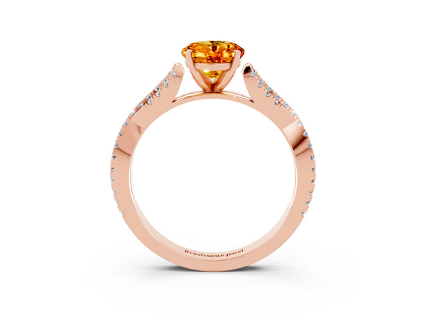 Rose gold Oval Cut Citrine Solitaire Engagement Ring with Twisted Pavé Band and Four-Prong Setting