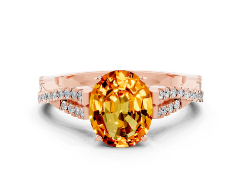 Rose gold Oval Cut Citrine Solitaire Engagement Ring with Twisted Pavé Band and Four-Prong Setting