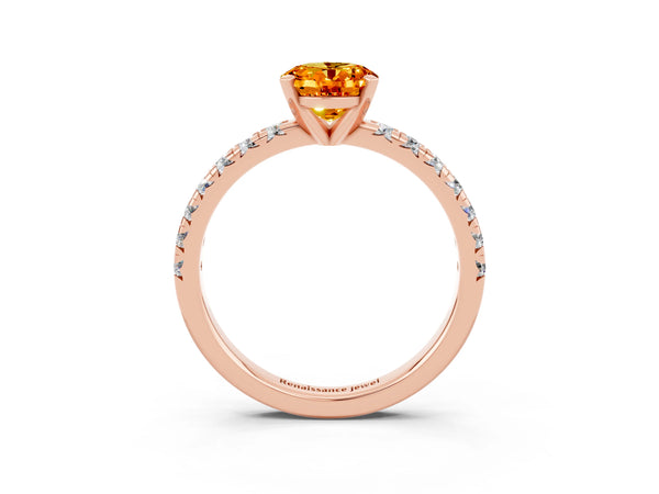 Rose gold Oval Cut Citrine Solitaire Pavé Engagement Ring with Round Band and Prong Setting