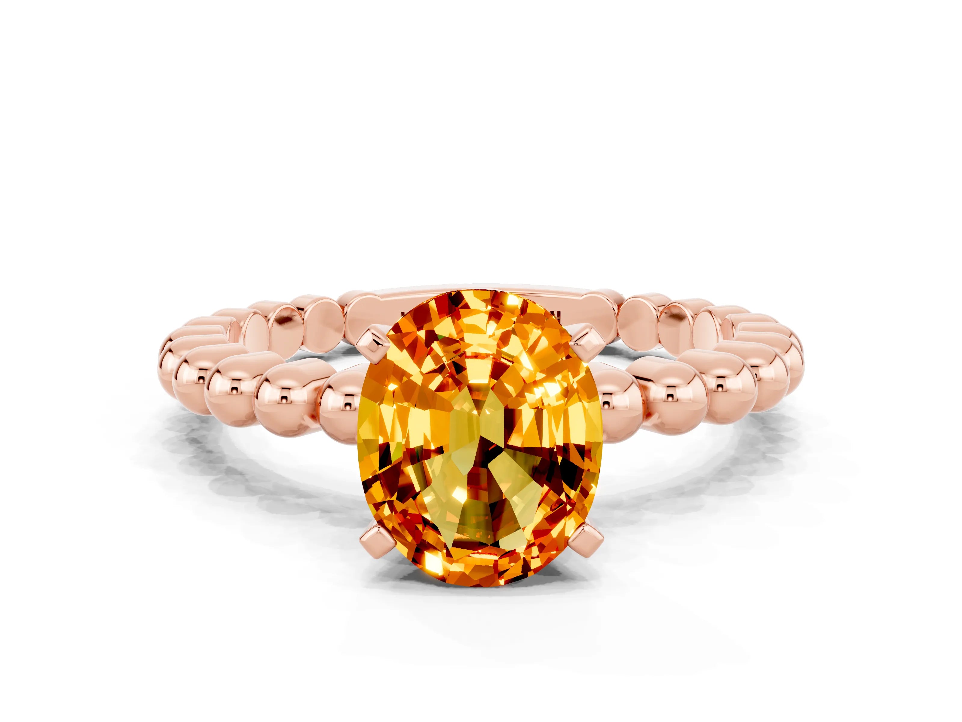 Rose gold Oval Cut Citrine Solitaire Ring with Beaded Band and Prong Setting