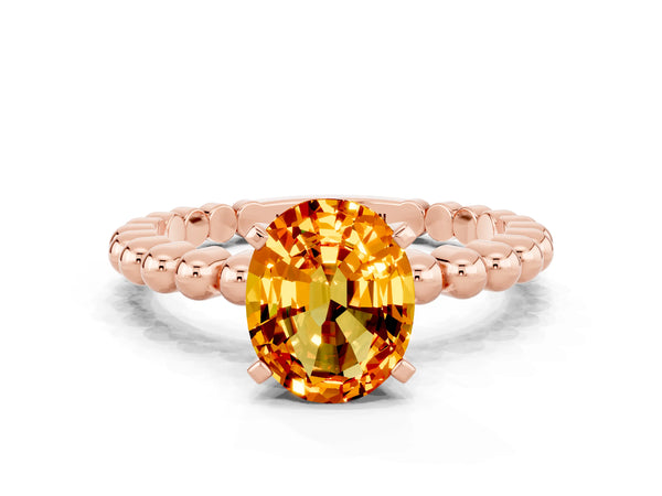 Rose gold Oval Cut Citrine Solitaire Ring with Beaded Band and Prong Setting