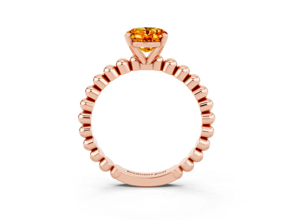 Rose gold Oval Cut Citrine Solitaire Ring with Beaded Band and Prong Setting