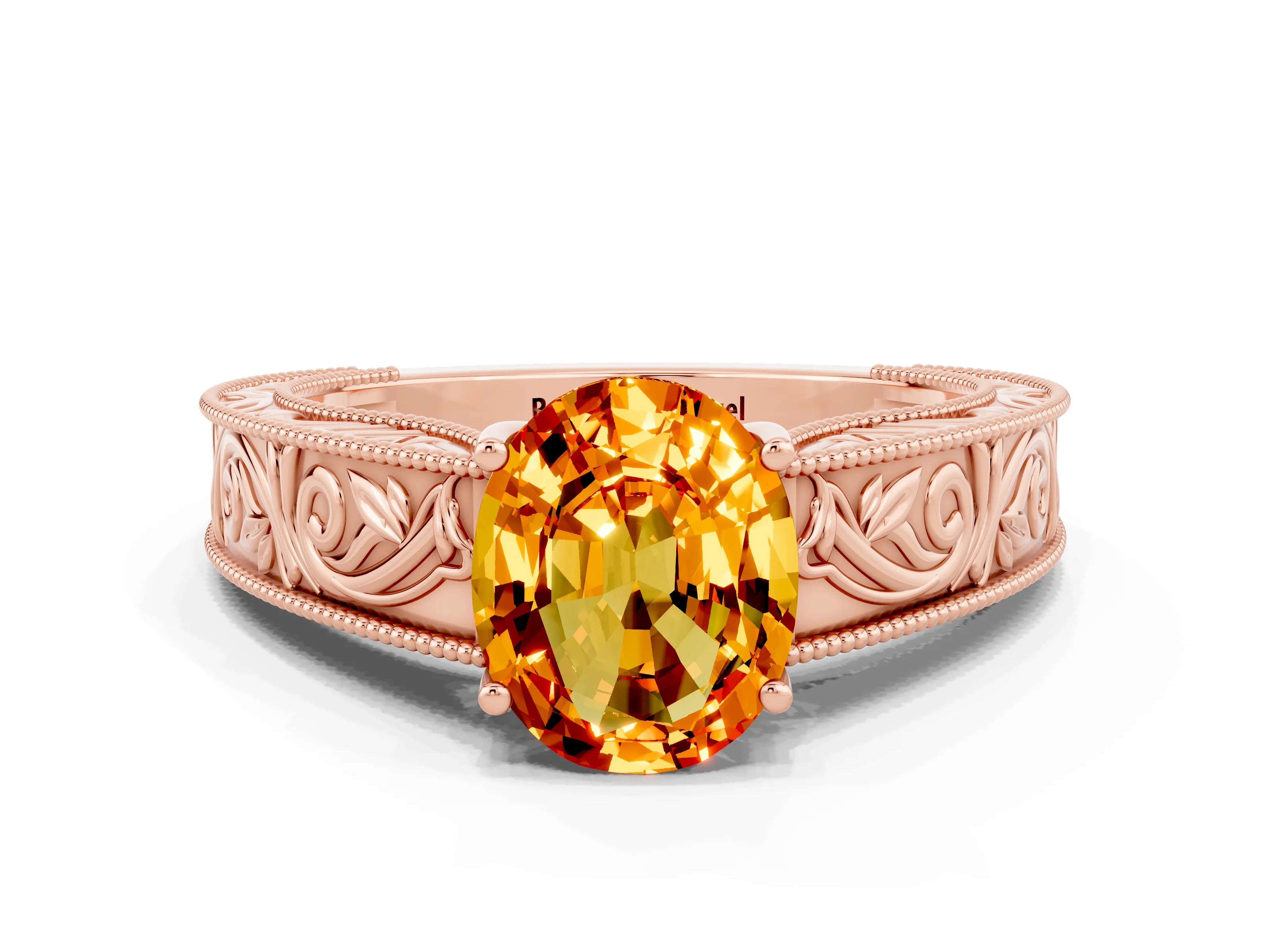 Rose gold Oval Cut Citrine Solitaire Ring with Engraved Band and Four-Prong Setting