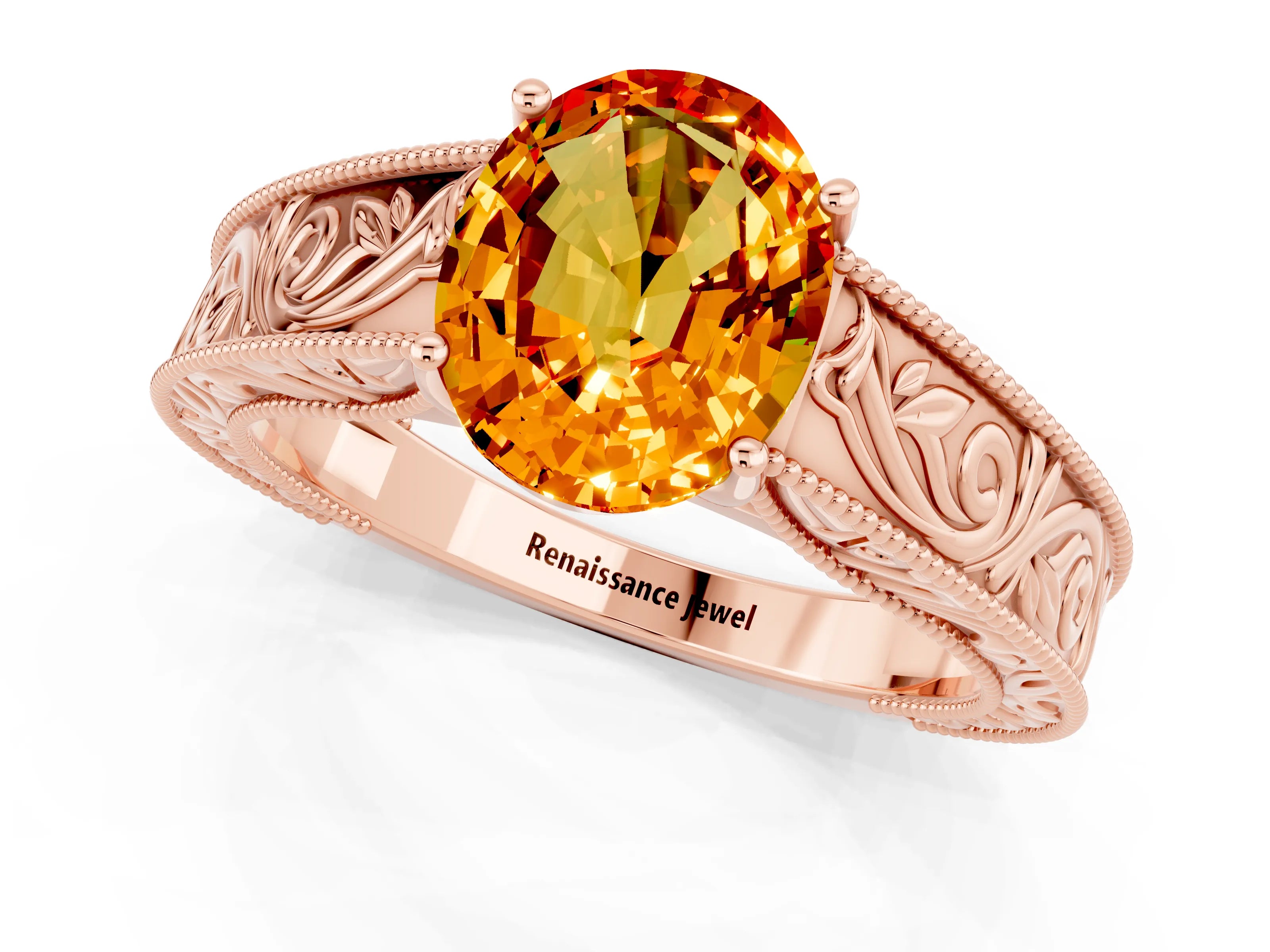 Rose gold Oval Cut Citrine Solitaire Ring with Engraved Band and Four-Prong Setting_1