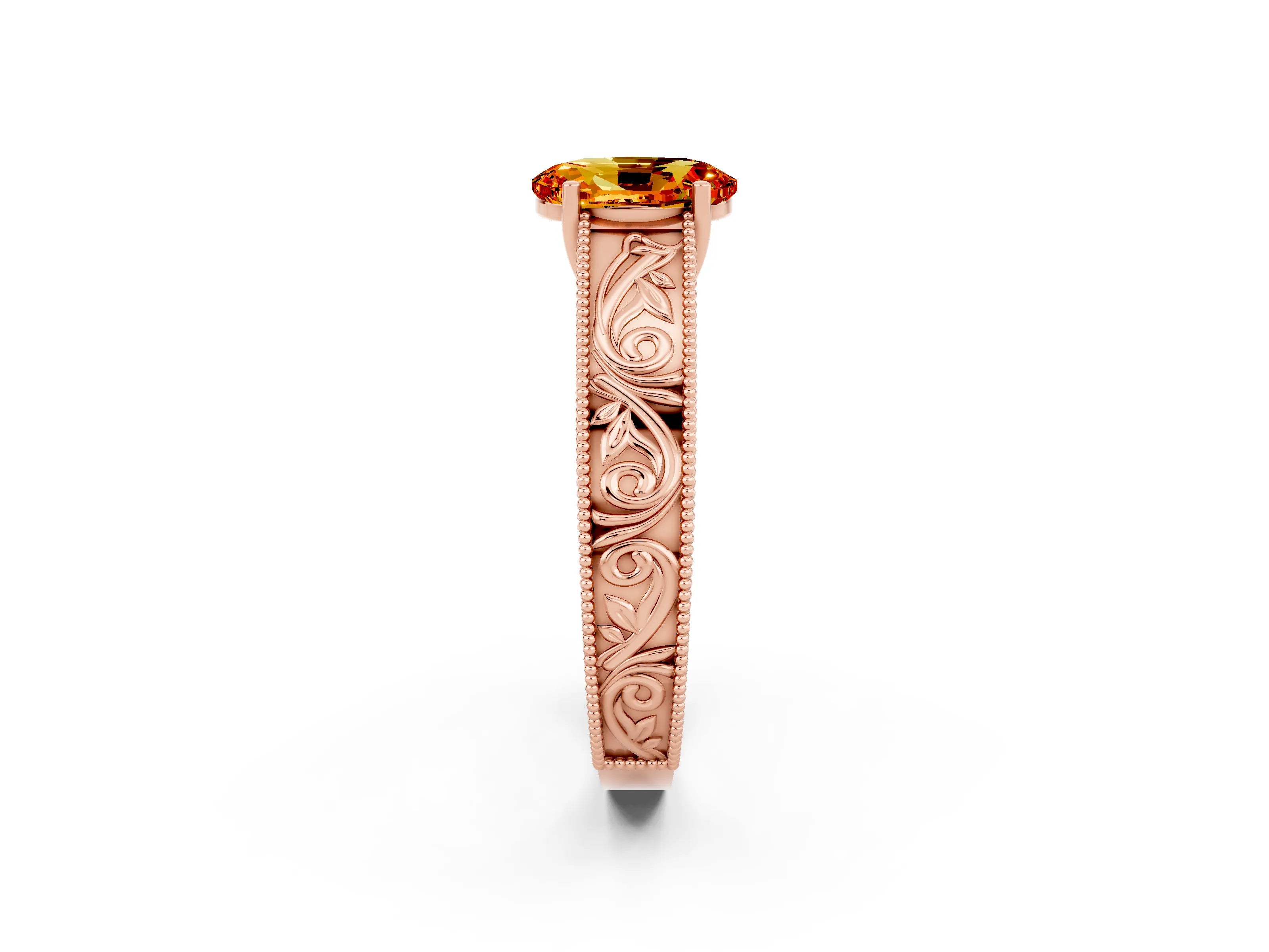 Rose gold Oval Cut Citrine Solitaire Ring with Engraved Band and Four-Prong Setting_2