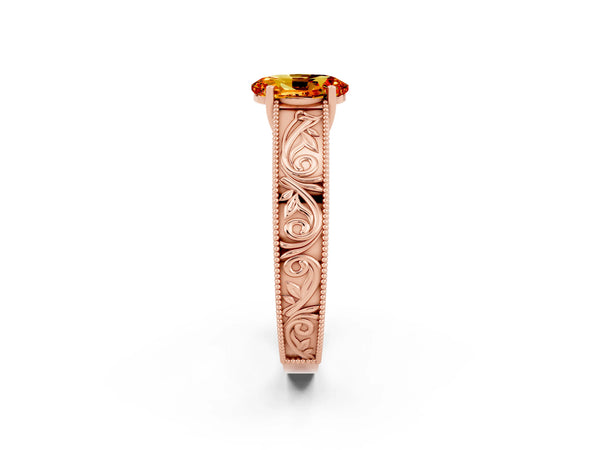 Rose gold Oval Cut Citrine Solitaire Ring with Engraved Band and Four-Prong Setting