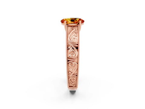 Rose gold Oval Cut Citrine Solitaire Ring with Engraved Band and Four-Prong Setting_2