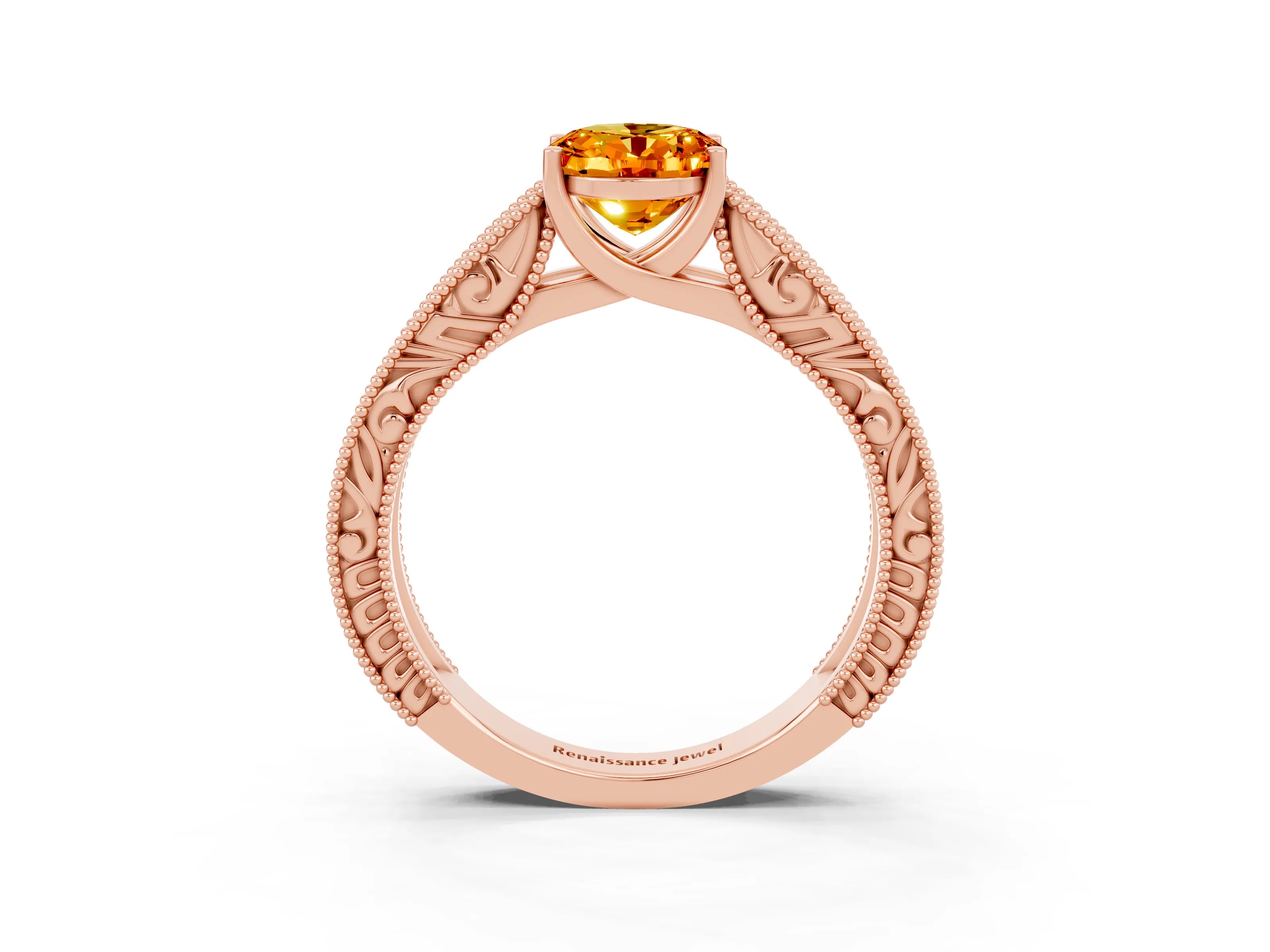 Rose gold Oval Cut Citrine Solitaire Ring with Engraved Band and Four-Prong Setting_3