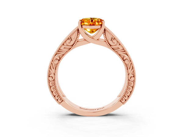 Rose gold Oval Cut Citrine Solitaire Ring with Engraved Band and Four-Prong Setting