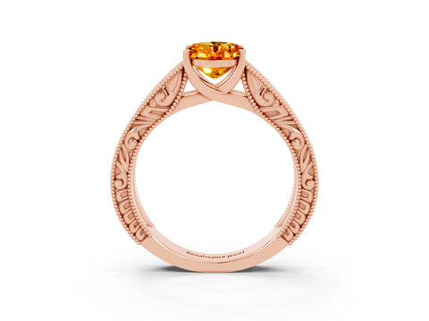 Rose gold Oval Cut Citrine Solitaire Ring with Engraved Band and Four-Prong Setting_3