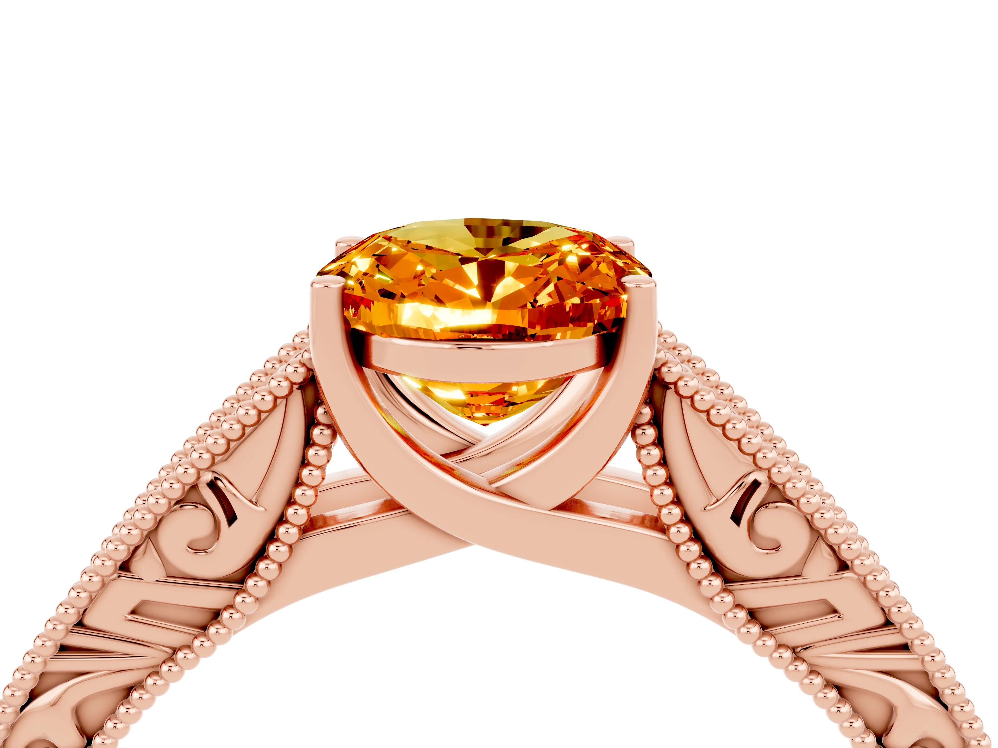 Rose gold Oval Cut Citrine Solitaire Ring with Engraved Band and Four-Prong Setting_4