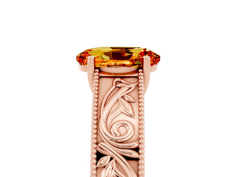Rose gold Oval Cut Citrine Solitaire Ring with Engraved Band and Four-Prong Setting_5